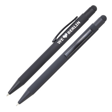 LANCE® Metall-Touchkugelschreiber, blaue Mine, schwarz/schwarz, Glanzgravur in silber