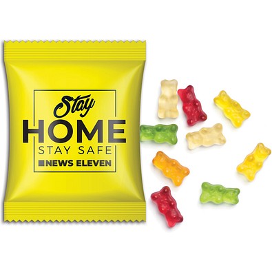 Mini-Gummibärchen vegan im Werbetütchen, 10 g, transparente kompostierbare Folie, inkl. Druck