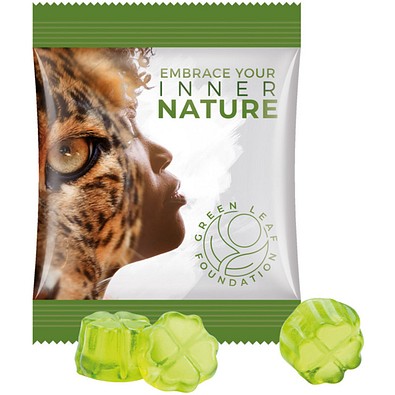 Minitüte 15 g, Folie weiß, Trolli Fruchtgummi Kleeblatt, inkl. Druck