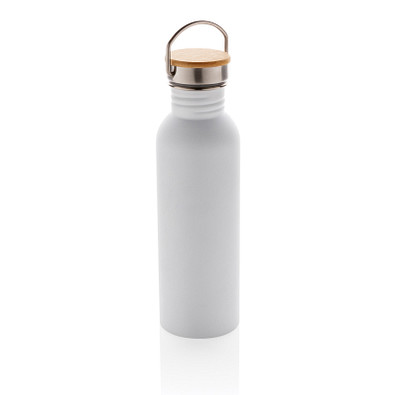 Moderne Stainless-Steel Flasche mit Bambusdeckel, weiß
