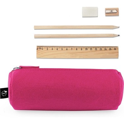 NOMAD. Mehrzwecketui aus recyceltem Filz (100 % rPET) mit Lineal, Bleistiften, Radiergummi und Spitzer, Rosa
