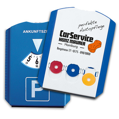 Parkscheibe mit Eiskratzer und Chips, blau