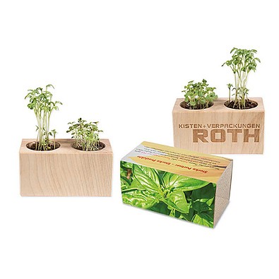 Pflanz-Holz 2er Set mit Samen, Basilikum, 1-seit. Druck