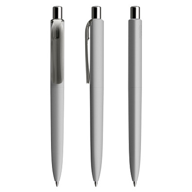 prodir® Druckkugelschreiber DS8 Soft Touch PRR Push, blaue Mine, delfingrau/silber poliert