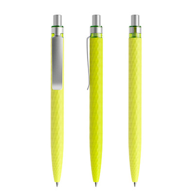 prodir® Druckkugelschreiber QS01 Soft Touch PRS Push, blaue Mine, gelbgrün/silber satiniert