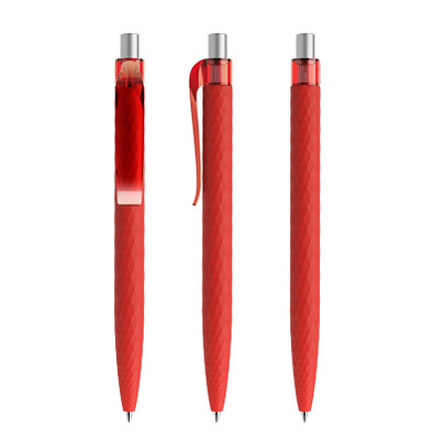 prodir® Druckkugelschreiber QS01 Soft Touch PRT Push, blaue Mine, rot/silber satiniert