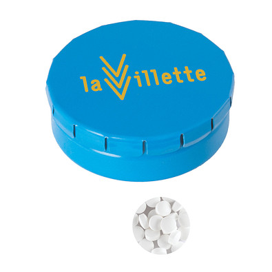 Runde Click-Blechdose, gefüllt mit 12 g Minties, hellblau