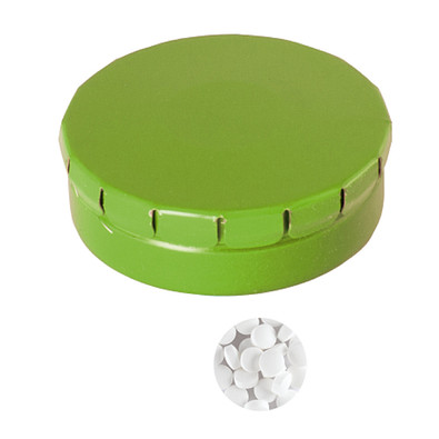 Runde Click-Blechdose, gefüllt mit 12 g Minties, hellgrün