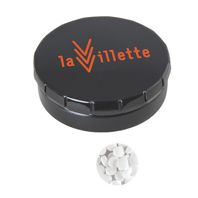 Runde Click-Blechdose, gefüllt mit 12 g Minties, schwarz