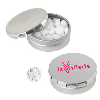 Runde Click-Blechdose, gefüllt mit 12 g Minties, silber