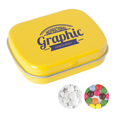 Scharnierblechdose, gefüllt mit 25 g Minties, gelb
