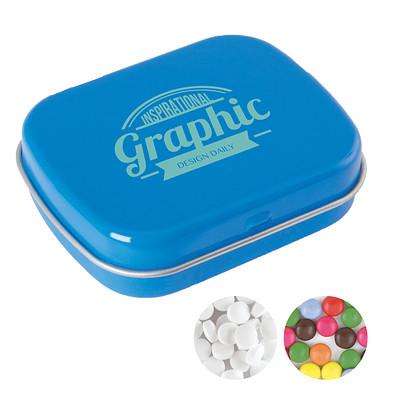 Scharnierblechdose, gefüllt mit 25 g Minties, hellblau
