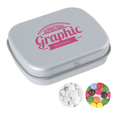 Scharnierblechdose, gefüllt mit 25 g Minties, hellgrau