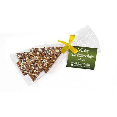 Schoko Christmas Tree, Vollmilchschokolade Knusperkugeln, Gelbe Schleife, inkl. Druck