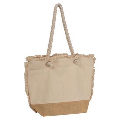 Strandtasche mit Juteboden und Fransen , beige
