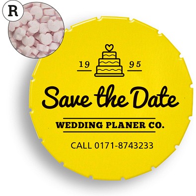 Super Mini Clic Clac Box, 12 g, Erdbeerdragees Herzform, PMS Yellow C, inkl. Druck