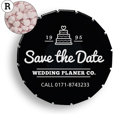 Super Mini Clic Clac Box, 12 g, Erdbeerdragees Herzform, schwarz, inkl. Druck