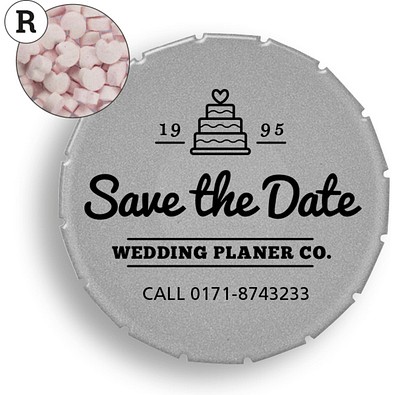 Super Mini Clic Clac Box, 12 g, Erdbeerdragees Herzform, silber, inkl. Druck