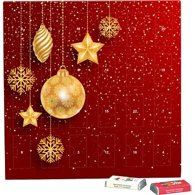 Täfelchen Adventskalender, Alpenmilch-Schokotäfelchen, Christbaumkugeln Gold