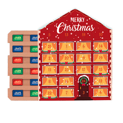 Täfelchen Adventskalender Haus ECO, 24 Lindt Schokotäfelchen, inkl. Druck