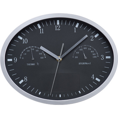 Wanduhr mit Hygro- und Thermometer, oval, schwarz