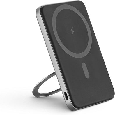 WARSHEL 5. Magnetische Powerbank mit 5'000 mAh und superschnellem kabellosem Ladegerät (15 W) aus recyceltem ABS (100% rABS) mit Ständer, Dunkelgrau
