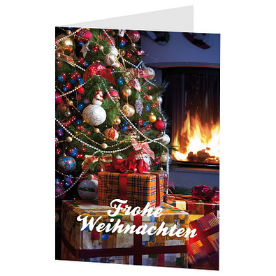 Grußkarte Weihnachten, Motiv Geschenke am Kamin, ohne Innendruck