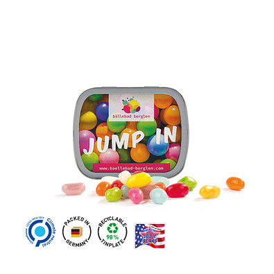 Klappdose, American Style Jelly Beans, inkl. Druck, matt-silberne Dose