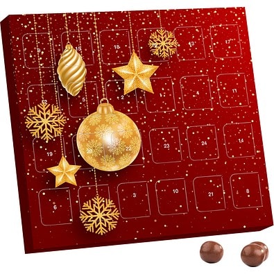 XS Adventskalender, Brandt Knusperkugeln Vollmilch, Christbaumkugeln Gold