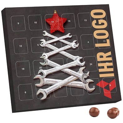 XS Adventskalender, Brandt Knusperkugeln Vollmilch, Schraubenschlüssel-Tanne