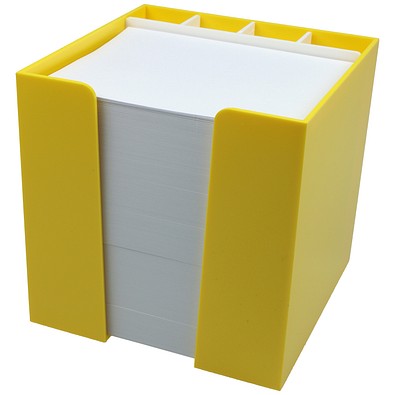 Zettelbox 10 x 10 x 10 cm mit Schreibgeräteköcher, gelb
