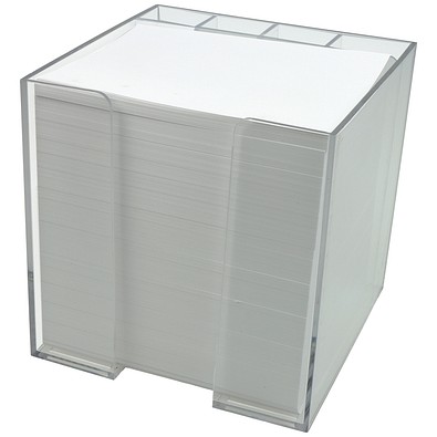 Zettelbox 10 x 10 x 10 cm mit Schreibgeräteköcher, transparent