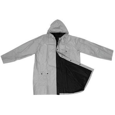 Zweifarbige phthalatfreie Wende-Regenjacke aus PVC, schwarz / silber Zweifarbige phthalatfreie Wende-Regenjacke aus PVC, schwarz / silber