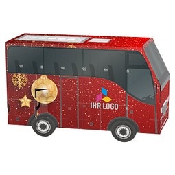 Adventskalender Bus, Alpenmilch-Schokotäfelchen, Christbaumkugeln Gold
