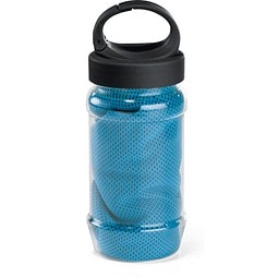 ARTX PLUS. Sporthandtuch aus Polyamid und Polyester mit Flasche (440 mL) aus PP und PET und einem integrierten Karabinerhaken am Deckel, Hellblau