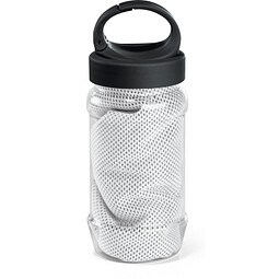 ARTX PLUS. Sporthandtuch aus Polyamid und Polyester mit Flasche (440 mL) aus PP und PET und einem integrierten Karabinerhaken am Deckel, Weiß