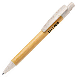 Druckkugelschreiber Sydor aus Bambus und Weizenstroh, blaue Mine, beige