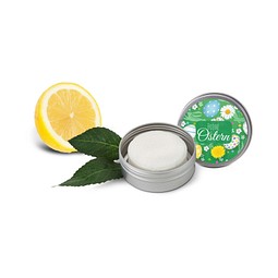 Festes Shampoo Zitrone-Minze, 58 g, Metallbox mit Frohe Ostern-Motiv, weiß