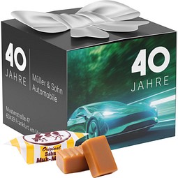 Geschenkbox Midi Schleife. Original Sahne Muh-Muhs Toffees, inkl. Druck