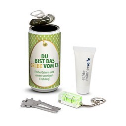 Männer-Geheimnis Ostern, das Nest in der Dose, Etikett Du bist das Gelbe vom Ei