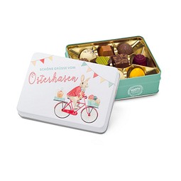 Hasenvater auf dem Fahrrad - Pralinendose mit 125 g
