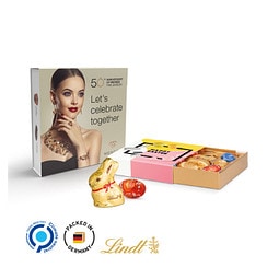 Lindt Präsent im Werbeschuber, Kleine Kostbarkeiten Goldhase, inkl. Druck