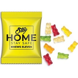 Mini-Gummibärchen vegan im Werbetütchen, 15 g, Verbundsfolie weiß, inkl. Druck
