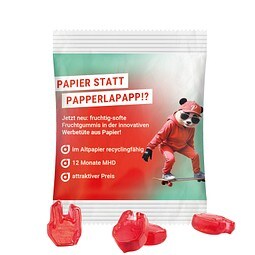 Minitüte Sonderform, 10 g, recyclingfähiges Papier, weiß, Fruchtgummi , 10 % Fruchtsaftanteil, inkl. Druck