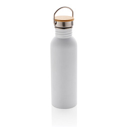 Moderne Stainless-Steel Flasche mit Bambusdeckel, weiß