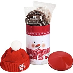 Schneemanndose mit Mütze gefüllt mit Lebkuchen