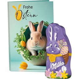 Werbekarte Visitenkartenformat, Milka Mini Schmunzelhase, inkl. Druck