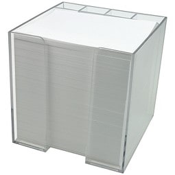 Zettelbox 10 x 10 x 10 cm mit Schreibgeräteköcher, transparent
